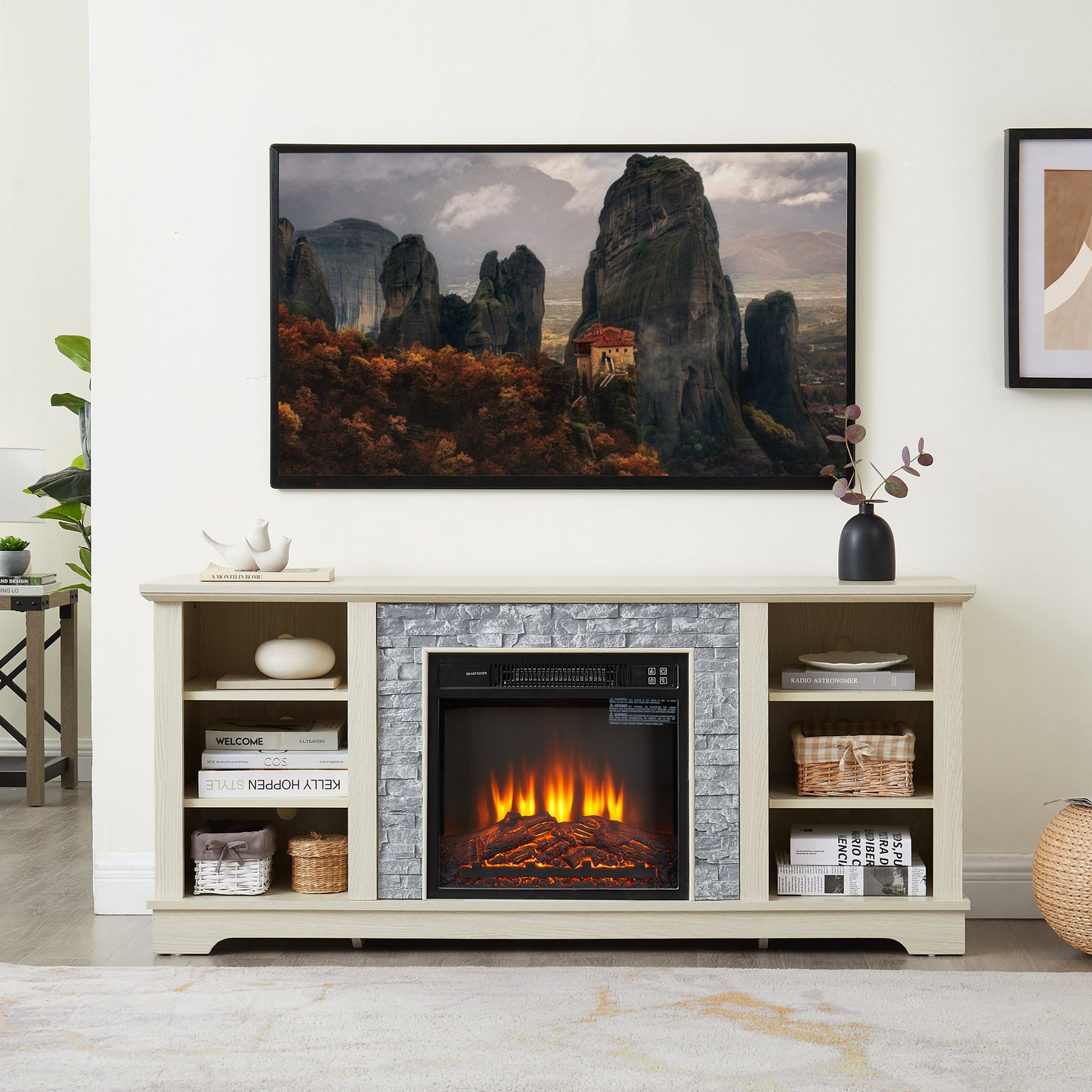 Solenne Stone Mantel Electric Fireplace TV Stand with 18-Inch Fireplace Insert, White, Fits TVs Up to 65 Inches