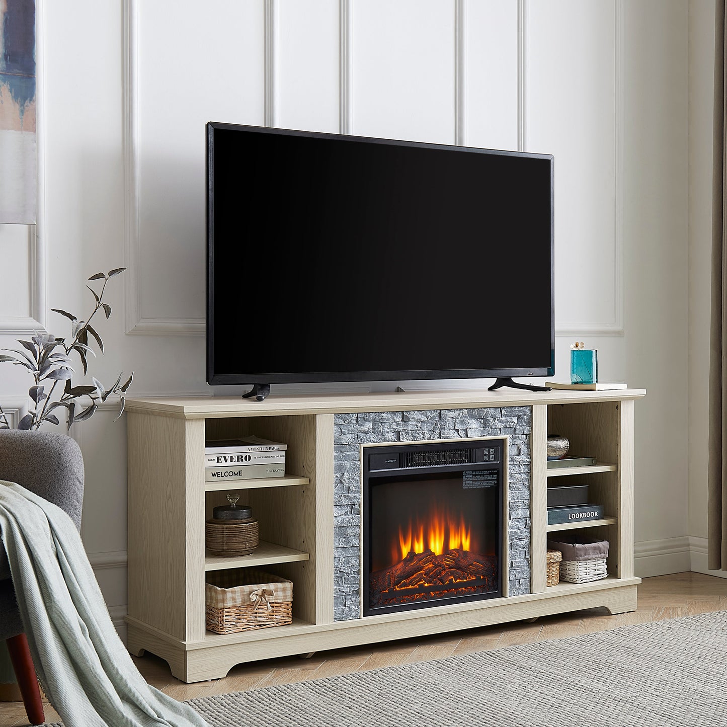Solenne Stone Mantel Electric Fireplace TV Stand with 18-Inch Fireplace Insert, White, Fits TVs Up to 65 Inches