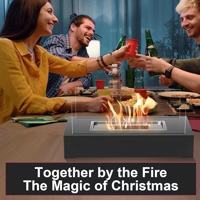 Solenne Rectangular Tabletop Bio Ethanol Fireplace – Portable Metal Real Flame Fireplace with Tempered Glass
