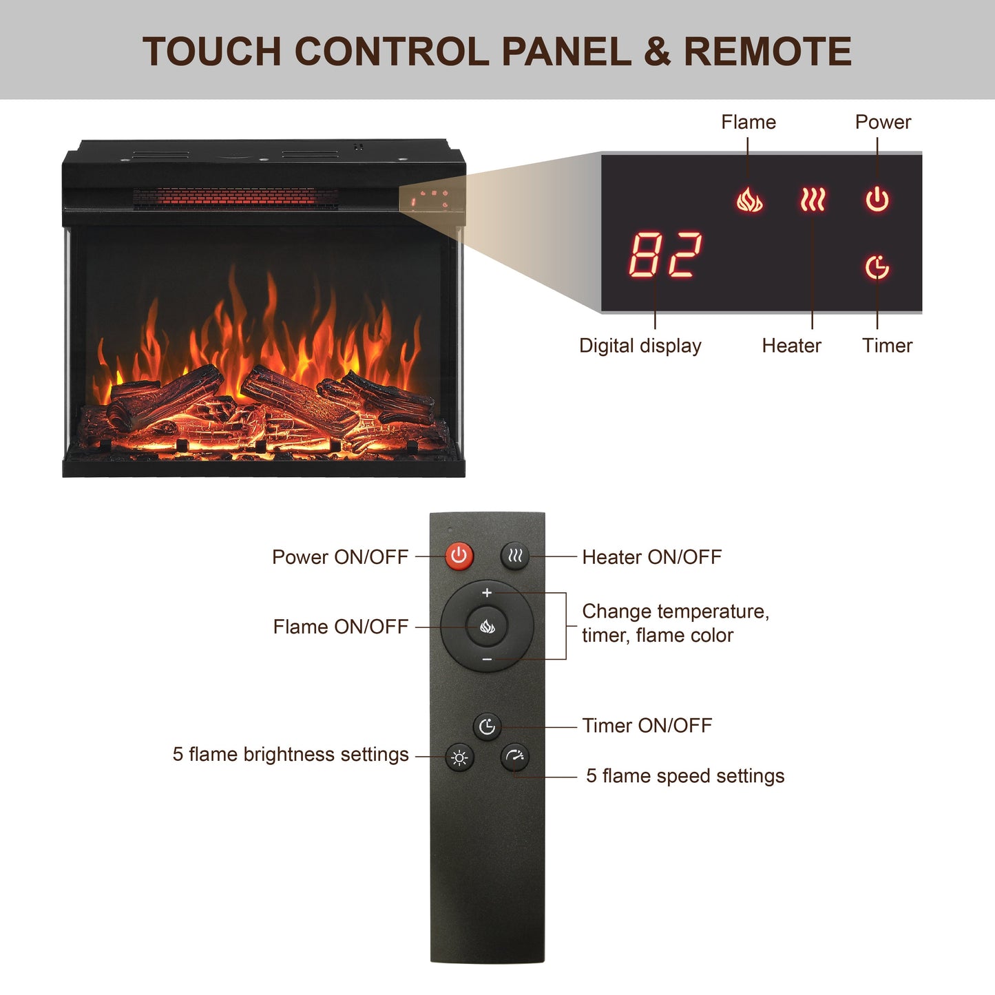 Solenne 25-Inch Electric Fireplace Side Table with 3-Sided Glass Display, Remote Control, Antique Black
