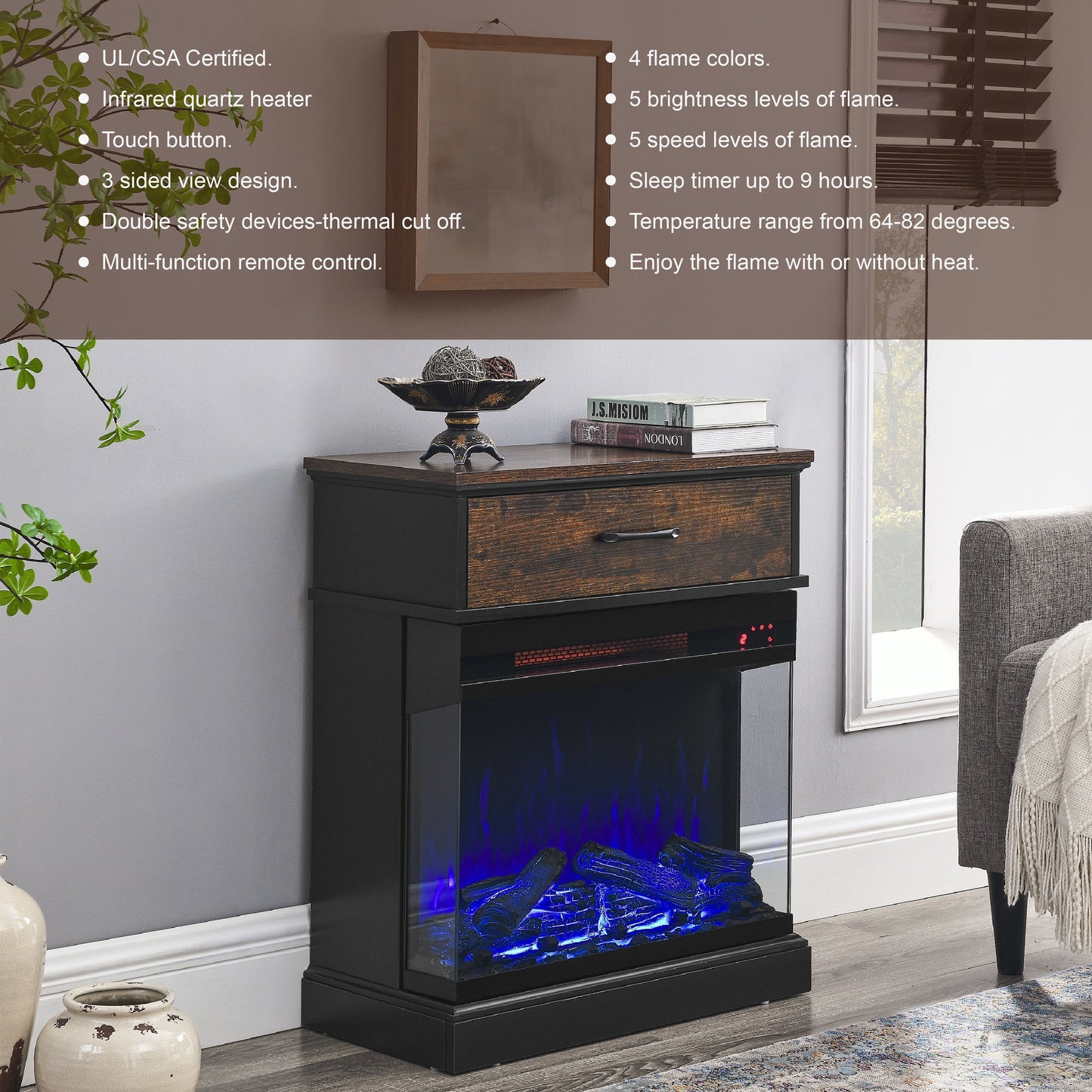 Solenne 25-Inch Electric Fireplace Side Table with 3-Sided Glass Display, Remote Control, Antique Black