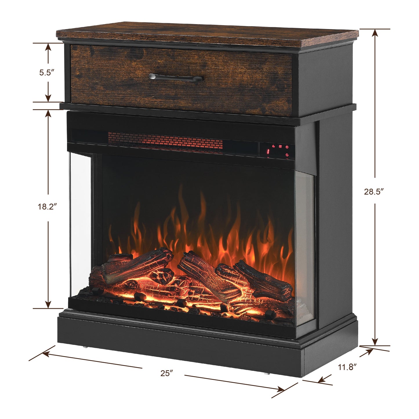 Solenne 25-Inch Electric Fireplace Side Table with 3-Sided Glass Display, Remote Control, Antique Black