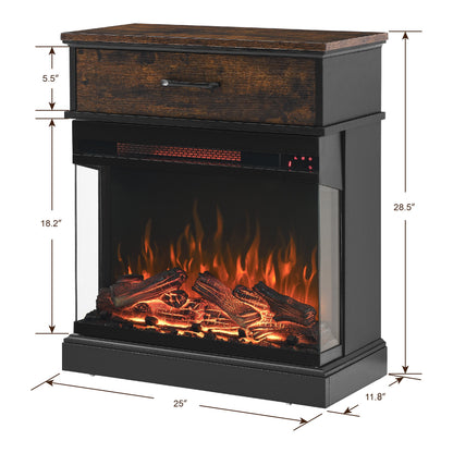 Solenne 25-Inch Electric Fireplace Side Table with 3-Sided Glass Display, Remote Control, Antique Black