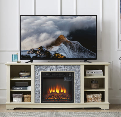 Solenne Stone Mantel Electric Fireplace TV Stand with 18-Inch Fireplace Insert, White, Fits TVs Up to 65 Inches