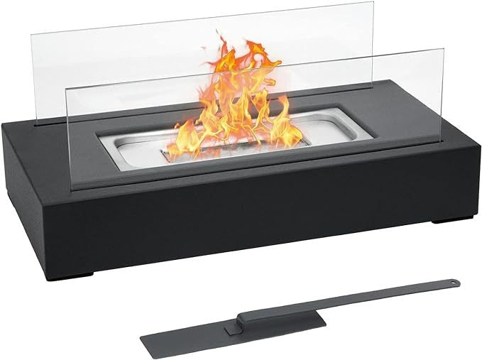 Solenne Rectangular Tabletop Bio Ethanol Fireplace – Portable Metal Real Flame Fireplace with Tempered Glass