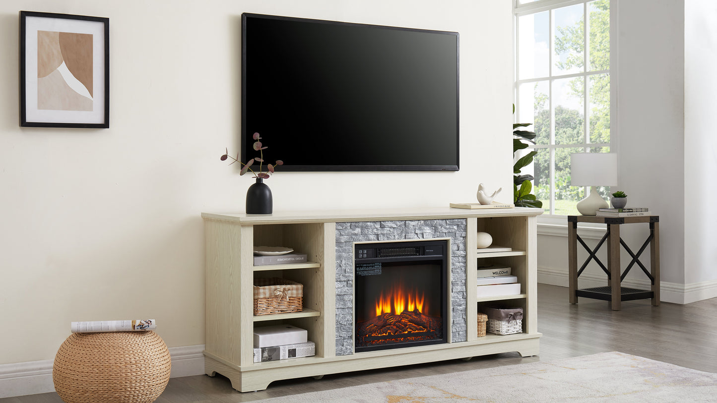 Solenne Stone Mantel Electric Fireplace TV Stand with 18-Inch Fireplace Insert, White, Fits TVs Up to 65 Inches