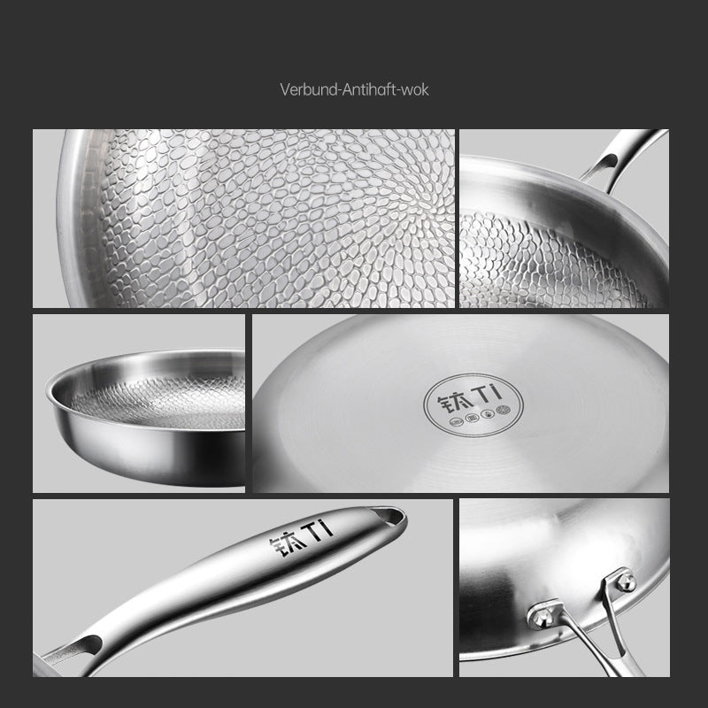 Uncoated titanium steel hammer patterned titanium frying pan with titanium content, non stick pan