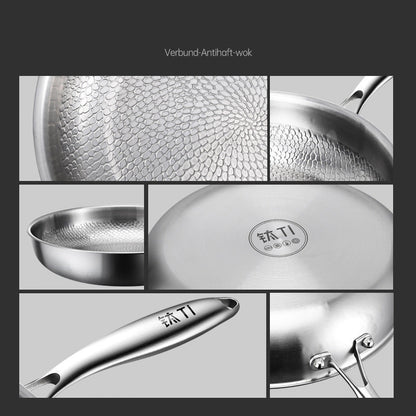 Uncoated titanium steel hammer patterned titanium frying pan with titanium content, non stick pan
