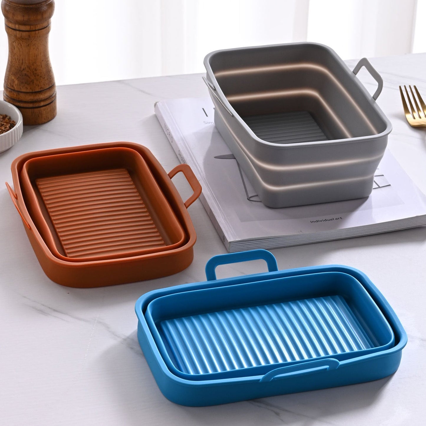 Rectangular Air Frying Pan Double Basket Collapsible Silicone Frying Pan