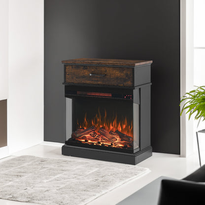 Solenne 25-Inch Electric Fireplace Side Table with 3-Sided Glass Display, Remote Control, Antique Black