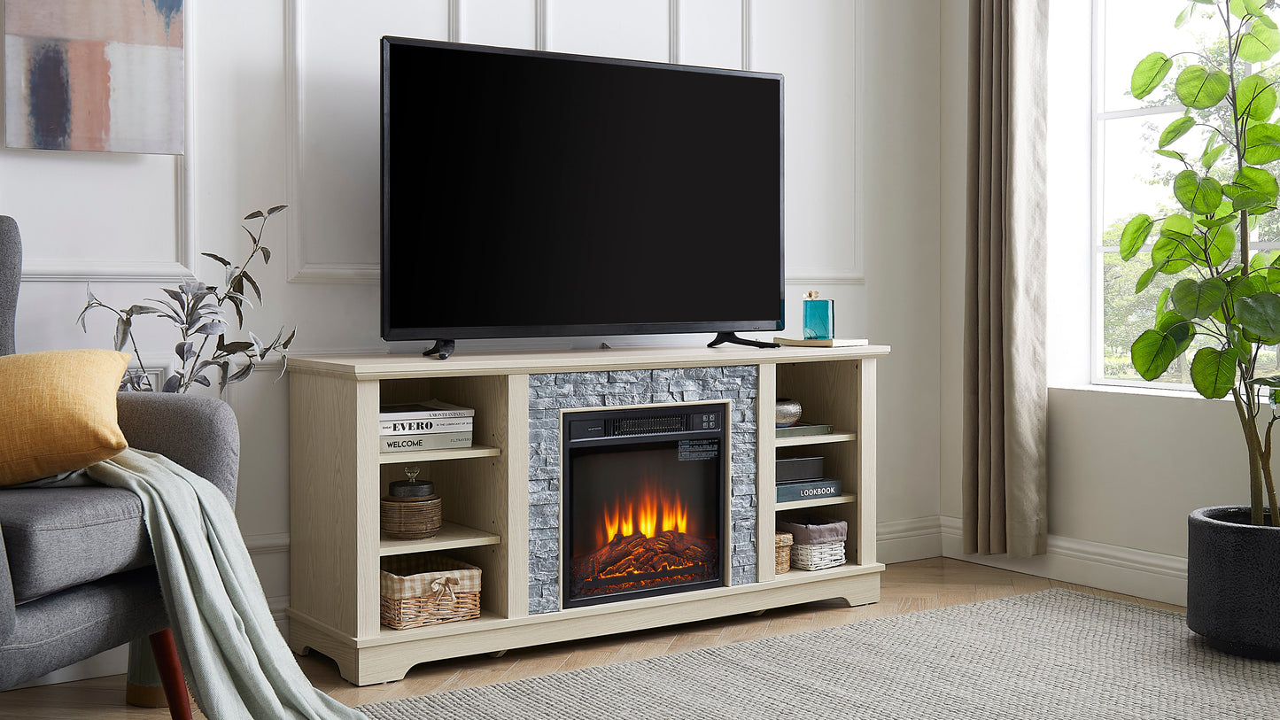 Solenne Stone Mantel Electric Fireplace TV Stand with 18-Inch Fireplace Insert, White, Fits TVs Up to 65 Inches