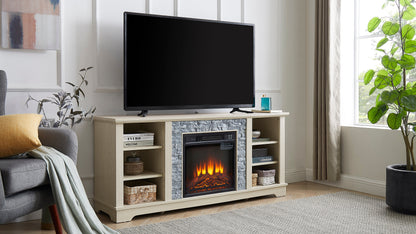 Solenne Stone Mantel Electric Fireplace TV Stand with 18-Inch Fireplace Insert, White, Fits TVs Up to 65 Inches
