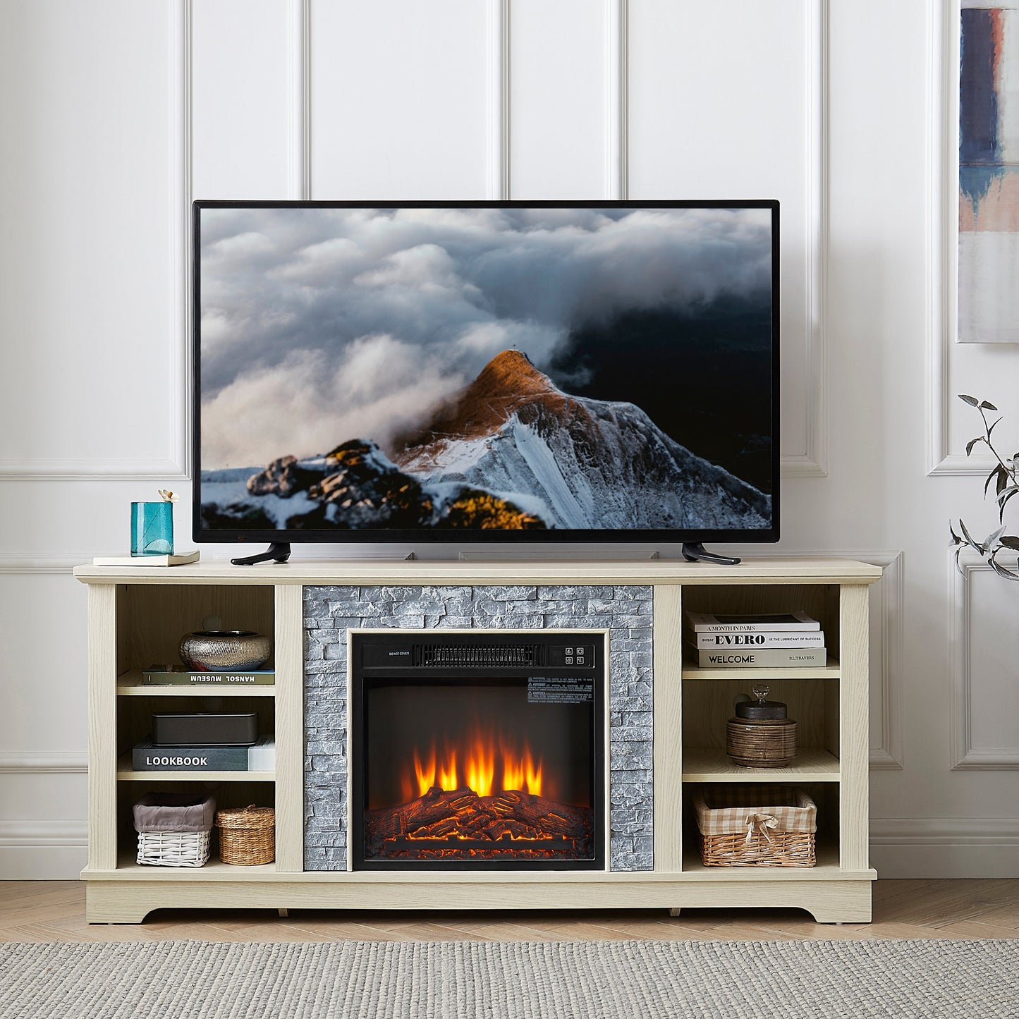 Solenne Stone Mantel Electric Fireplace TV Stand with 18-Inch Fireplace Insert, White, Fits TVs Up to 65 Inches