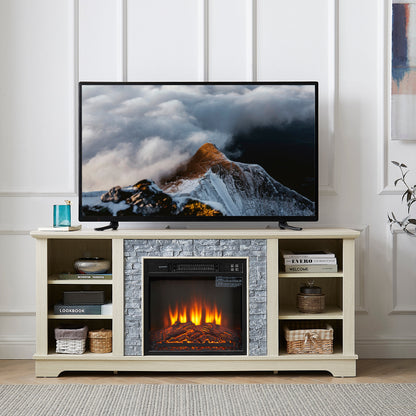 Solenne Stone Mantel Electric Fireplace TV Stand with 18-Inch Fireplace Insert, White, Fits TVs Up to 65 Inches