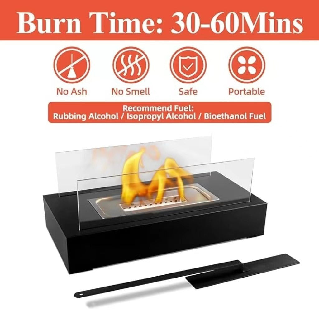 Solenne Rectangular Tabletop Bio Ethanol Fireplace – Portable Metal Real Flame Fireplace with Tempered Glass