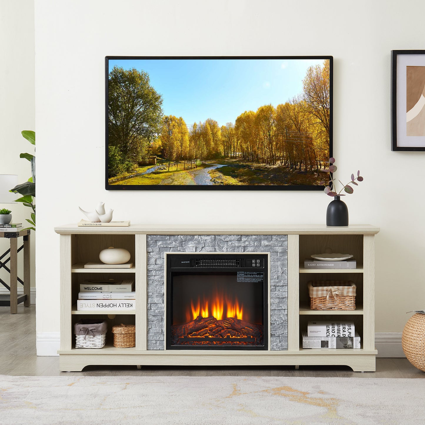 Solenne Stone Mantel Electric Fireplace TV Stand with 18-Inch Fireplace Insert, White, Fits TVs Up to 65 Inches