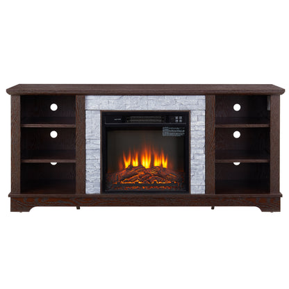 Solenne Cherry Electric Fireplace TV Stand with 18-Inch Fireplace Insert, Faux Stone Entertainment Center for TVs Up to 65 Inches