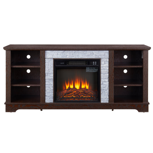 Solenne Cherry Electric Fireplace TV Stand with 18-Inch Fireplace Insert, Faux Stone Entertainment Center for TVs Up to 65 Inches