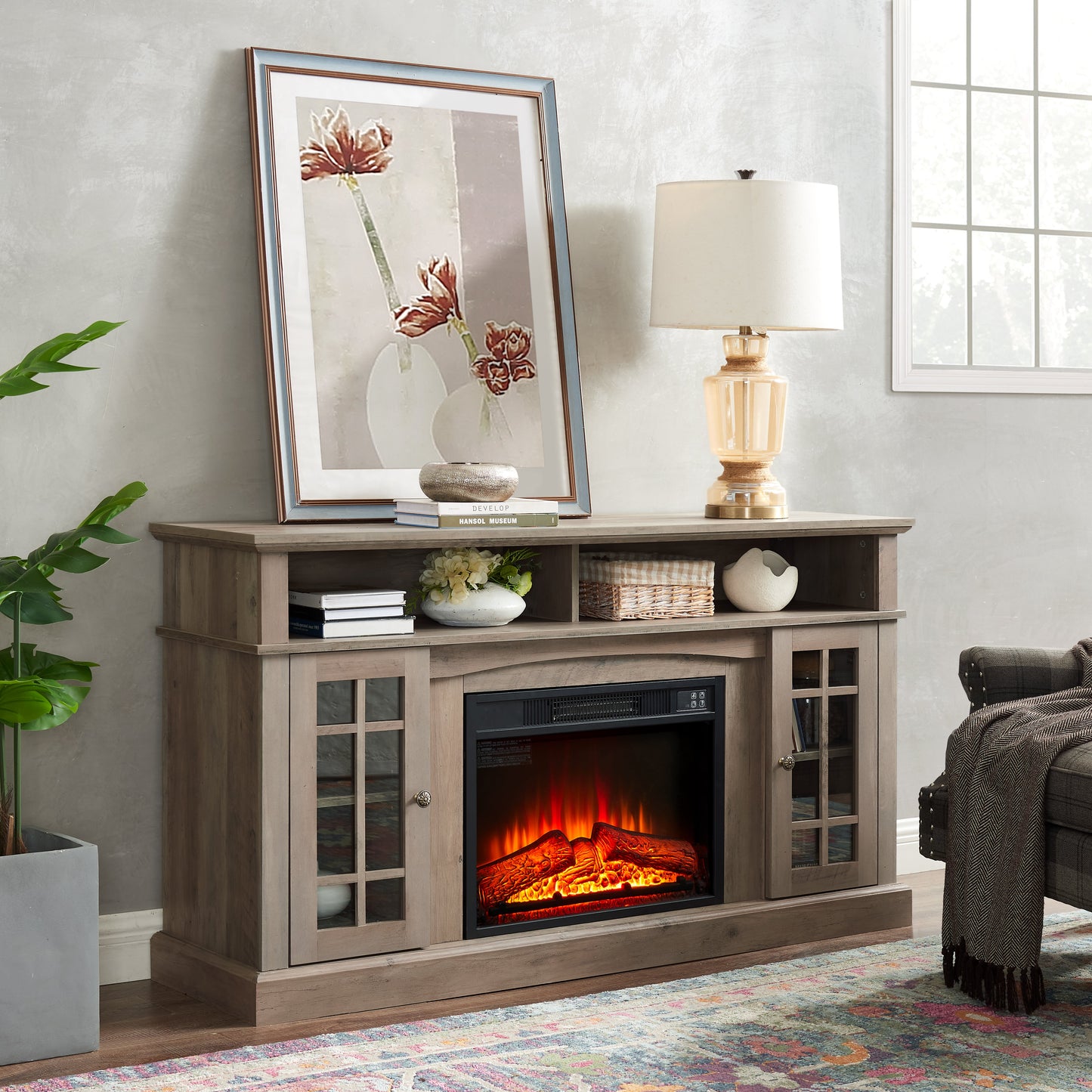 Solenne Gray Wash Electric Fireplace TV Stand with 23-Inch Fireplace Insert, Entertainment Center for TVs Up to 65 Inches