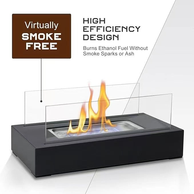Solenne Rectangular Tabletop Bio Ethanol Fireplace – Portable Metal Real Flame Fireplace with Tempered Glass