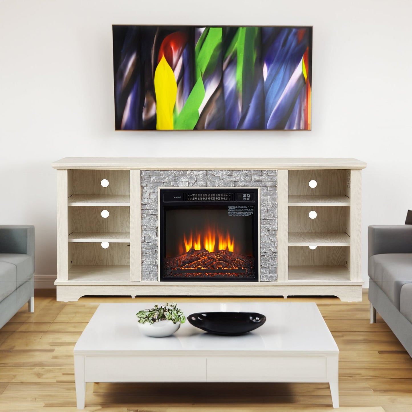 Solenne Stone Mantel Electric Fireplace TV Stand with 18-Inch Fireplace Insert, White, Fits TVs Up to 65 Inches