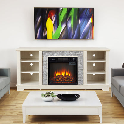 Solenne Stone Mantel Electric Fireplace TV Stand with 18-Inch Fireplace Insert, White, Fits TVs Up to 65 Inches