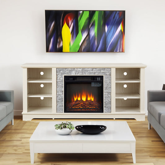 Solenne Stone Mantel Electric Fireplace TV Stand with 18-Inch Fireplace Insert, White, Fits TVs Up to 65 Inches