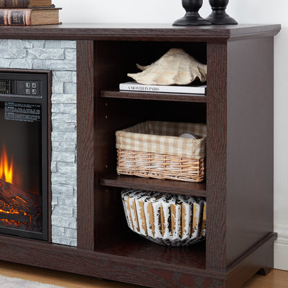Solenne Cherry Electric Fireplace TV Stand with 18-Inch Fireplace Insert, Faux Stone Entertainment Center for TVs Up to 65 Inches