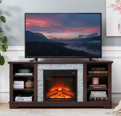 Solenne Cherry Electric Fireplace TV Stand with 18-Inch Fireplace Insert, Faux Stone Entertainment Center for TVs Up to 65 Inches