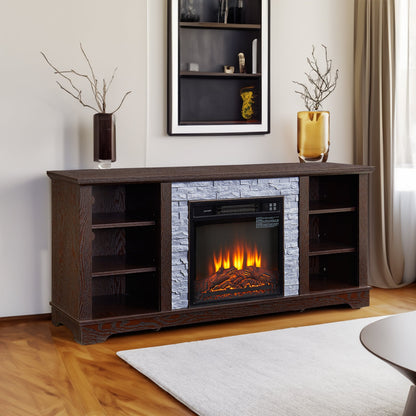 Solenne Cherry Electric Fireplace TV Stand with 18-Inch Fireplace Insert, Faux Stone Entertainment Center for TVs Up to 65 Inches