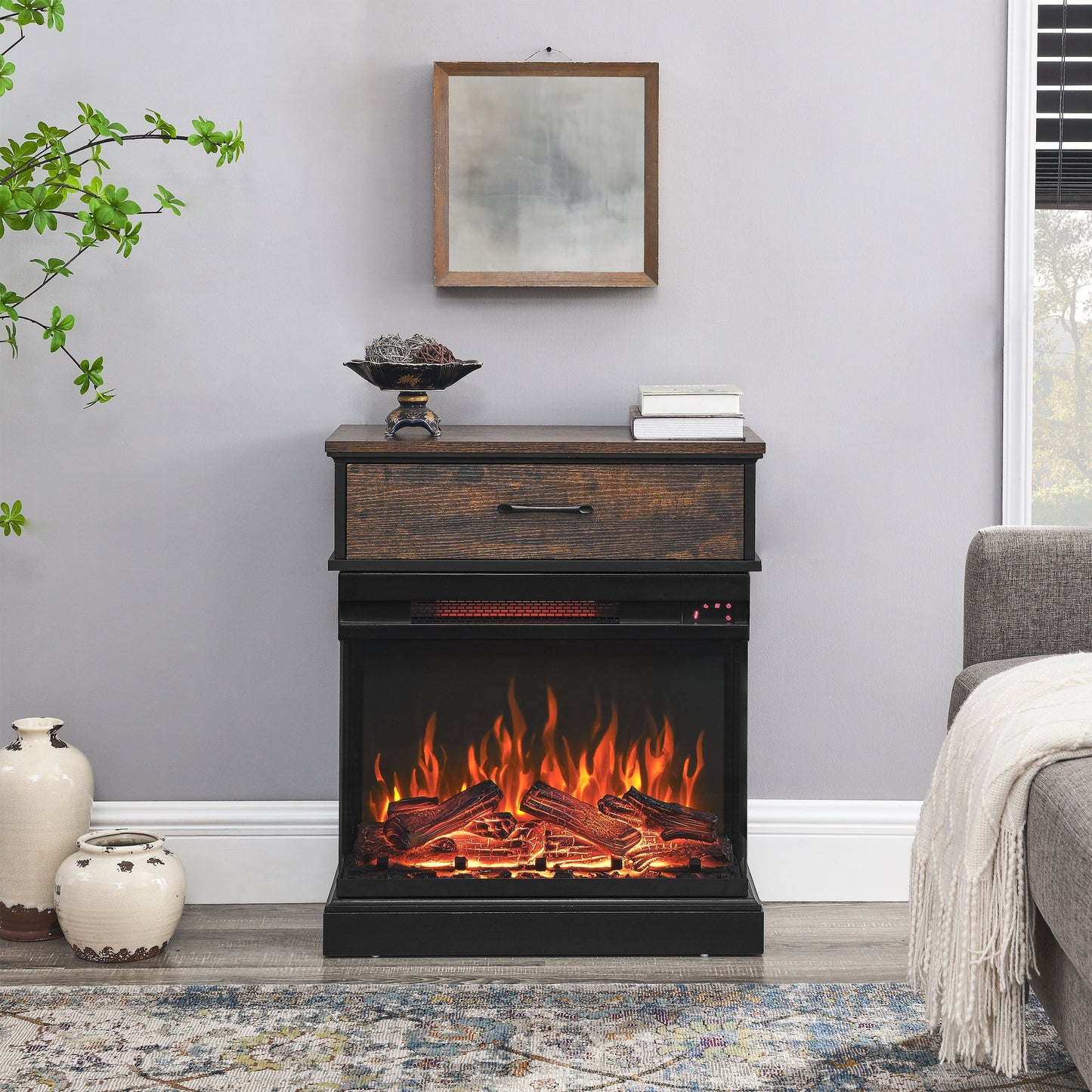 Solenne 25-Inch Electric Fireplace Side Table with 3-Sided Glass Display, Remote Control, Antique Black