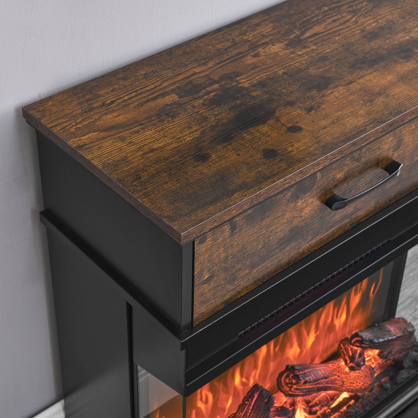 Solenne 25-Inch Electric Fireplace Side Table with 3-Sided Glass Display, Remote Control, Antique Black