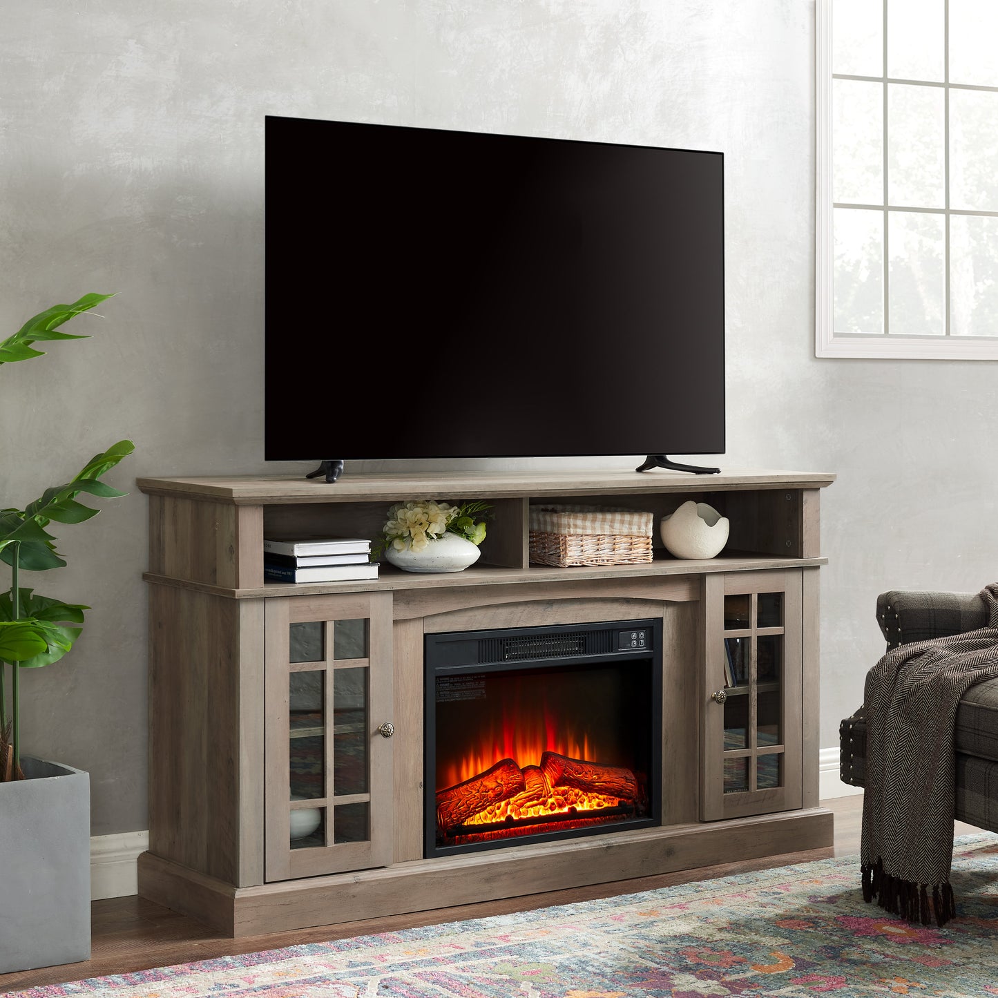Solenne Gray Wash Electric Fireplace TV Stand with 23-Inch Fireplace Insert, Entertainment Center for TVs Up to 65 Inches