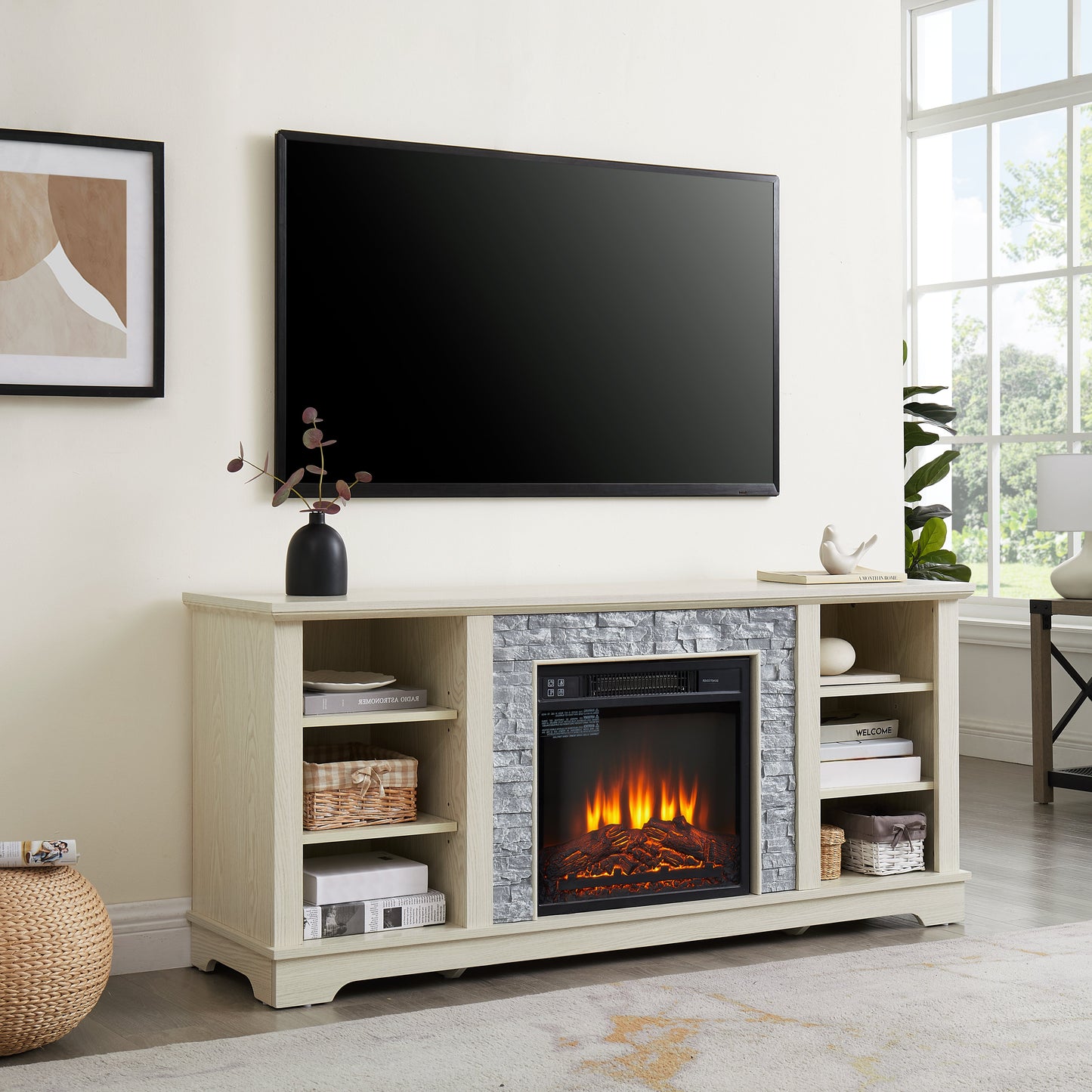 Solenne Stone Mantel Electric Fireplace TV Stand with 18-Inch Fireplace Insert, White, Fits TVs Up to 65 Inches