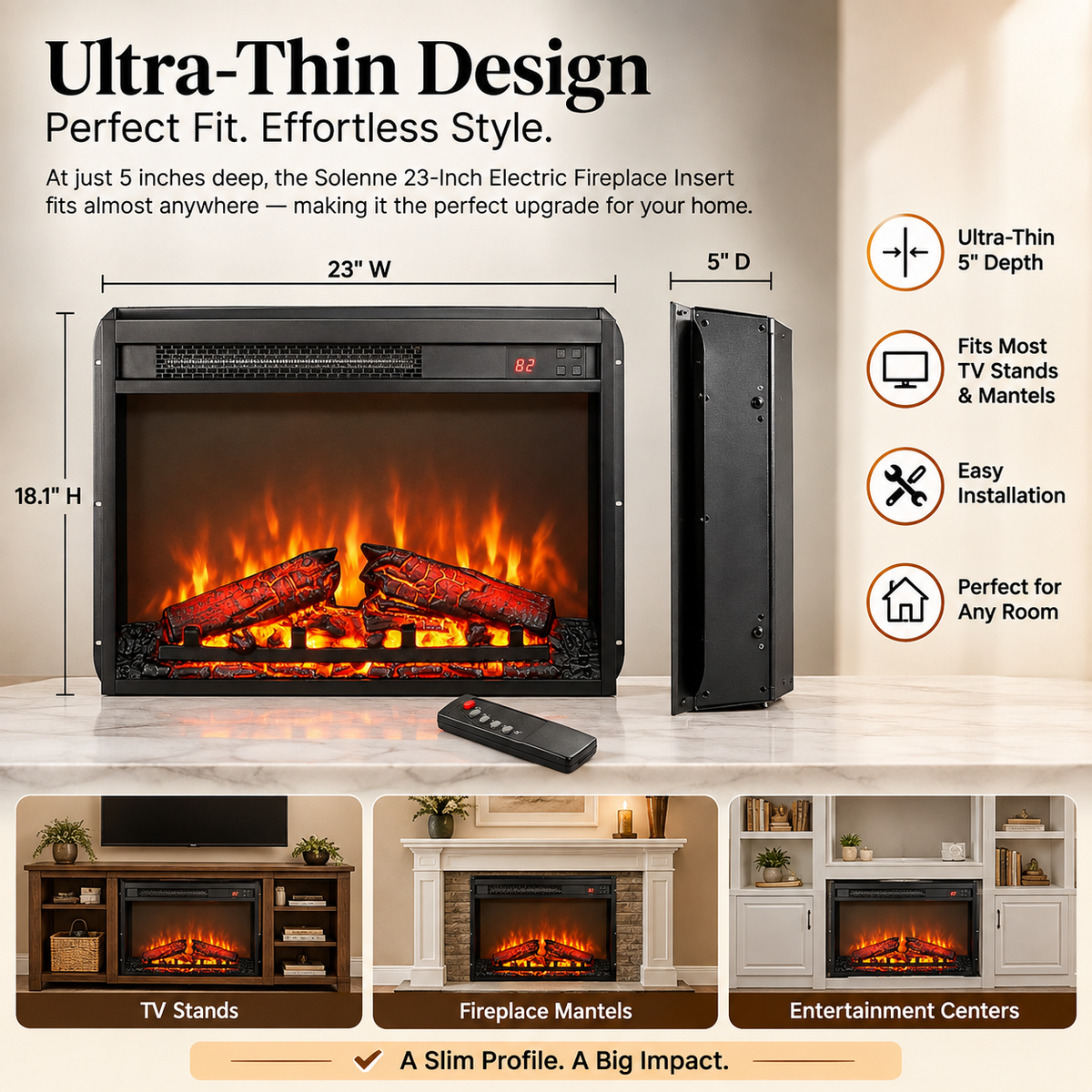 Solenne 24-Inch-Wide Electric Fireplace Insert with Realistic Log Set