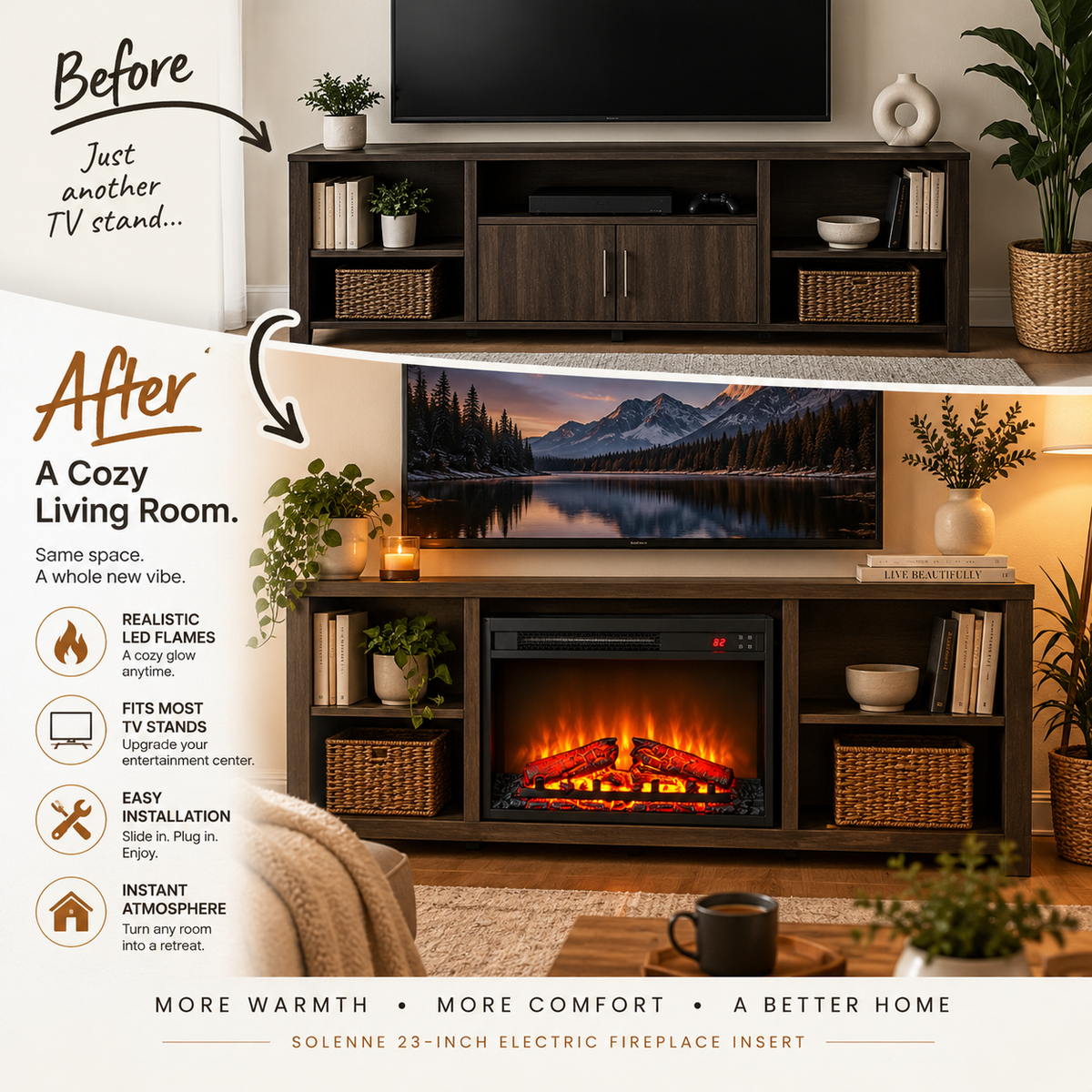 Solenne 24-Inch-Wide Electric Fireplace Insert with Realistic Log Set